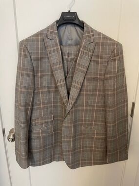 3-Piece plaid suit in black, gray, and tan. SLIM FIT